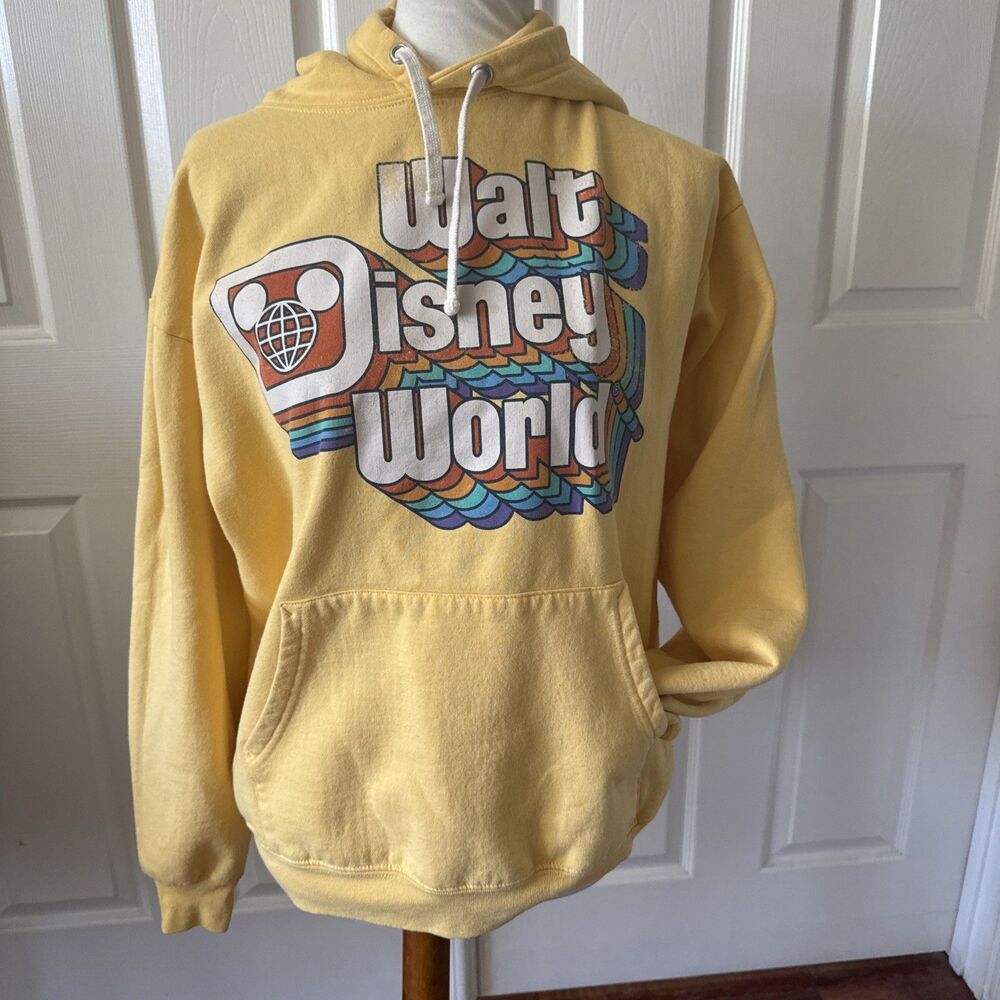 Walt Disney World Unisex Pullover Hoodie Sz‎ Large Retro Yellow Throwback Y2K